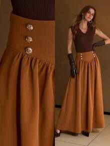 MOTF PREMIUM WOMEN'S METAL BUCKLE A-LINE SKIRT - Brown - View 8