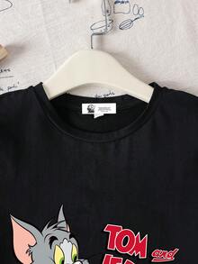 TOM & JERRY X SHEIN 青少年女孩夏季卡通猫咪印花短袖 T 恤