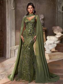 Aureia 优雅的串珠和亮片可拆卸披肩，V 领腰部透明美人鱼礼服适合所有正式场合、婚礼、活动、派对、新娘母亲礼服、重磅装饰晚礼服 - 橄欖綠 - 查看 2