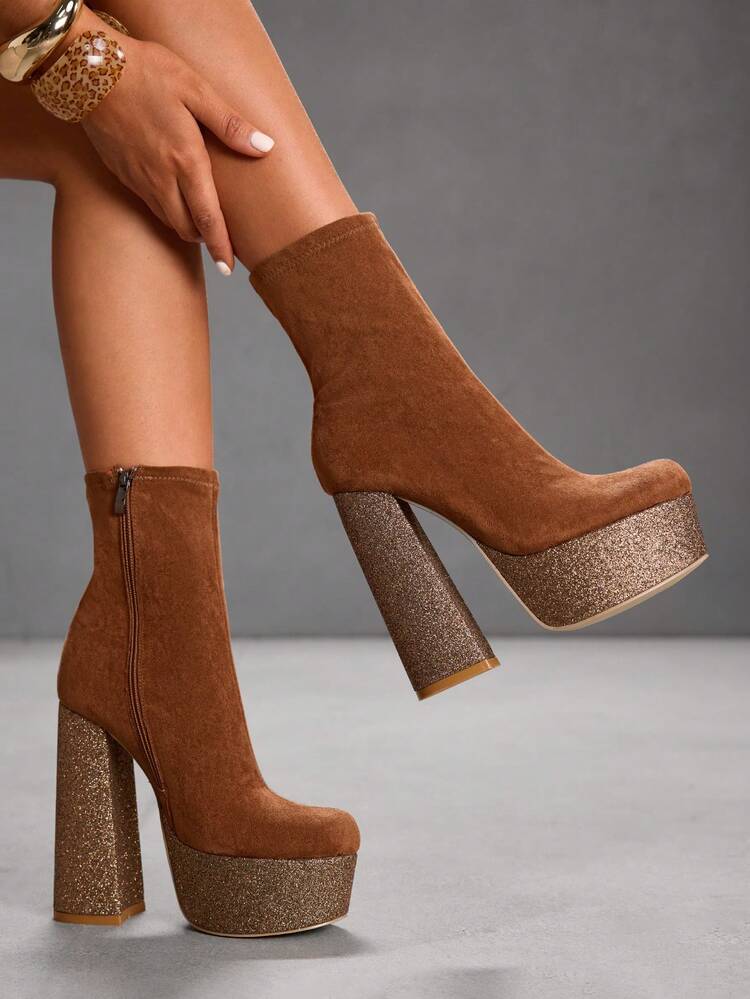 CUCCOO SZL Botas de tobillo elegantes, sexys y de fiesta con plataforma, puntera cuadrada, tacón grueso y cremallera lateral, de gamuza marrón para mujer