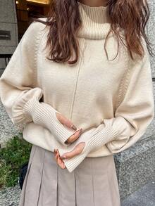 FRIFUL 女士休闲日常通勤简约纯色高领灯笼袖宽松针织衫，秋冬款 - 米色 - 查看 4