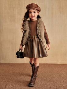 SHEIN Elladie kids 少女棕色针织长袖毛绒蝴蝶结串珠背心外套百褶裙3件套时尚可爱适合春秋冬装 - 鏽棕色 - 查看 3