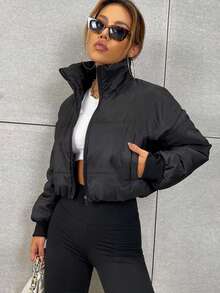 SHEIN Unity 斜插口袋拉链落肩短款加厚羽绒服 冬季服装