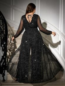 Gownix Curvy Plus-Size Women's Romantic And Elegant Party Jumpsuit, Black V-Neck With Sheer, Shimmering Silver-Stamped Mesh, Lantern Sleeves, Fitted Waist, Cape Style, Long Length, Made Of High-Quality, High-Elasticity Knit Fabric,Formal Jumpsuits For Women, New Year Women's Clothes , New Year Look , Elegant Dresses For Party , Curvy Party Dresses,Going Out ,Graduation Dress For Women ,Long Graduation Dress , Elegant Long Ball Gown , Prom Dresses For Women , Formal Ball Gowns For Women , Prom Dress Plus Size,Sparkly Dress ,Sequin Dress,Night Out,Date Night Outfits Women,Mother Of The Bride Dresses For Wedding,Formal Dresses For Women ,Luxury Dress,Chic Evening Dress ,Black Formal Dress For Women/Winter,Christmas And New Year,Party,2025 New,Elegant Party Dress,Women's Formal Wear ,Christmas,New Year,Hanksgiving Outfit For Women,Elegant Dresses For Women, Stylish Clothing Collection - Black - View 2
