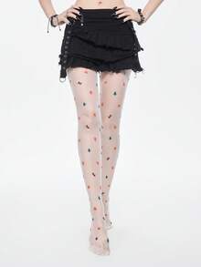 ROMWE Fairycore 2 双 Dopamine Y2K 卡通印花透明圣诞树图案紧身裤和渔网袜组合，可单独穿着或分层穿着，适合夏季音乐节 - 白色 - 查看 3