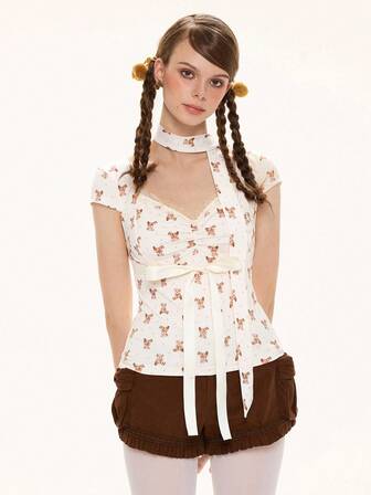 Kawaii T-shirt d'été à la mode pour femmes avec imprimé ours, froncé à la poitrine et dentelle contrastée