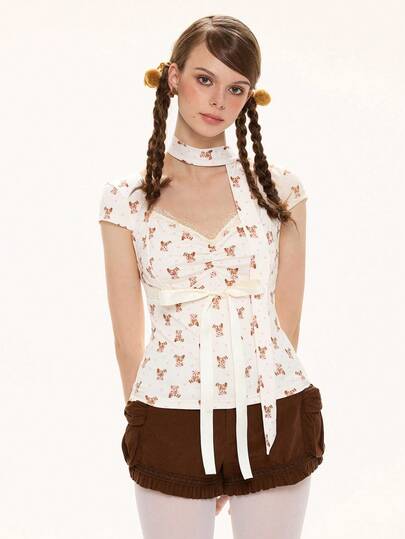 Kawaii T-shirt d'été à la mode pour femmes avec imprimé ours, froncé à la poitrine et dentelle contrastée