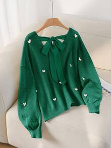 CosyJoli Áo len chui đầu hở lưng cổ chữ V họa tiết trái tim màu be cỡ lớn thường ngày - màu xanh lá - Xem 3