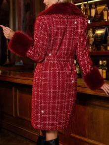 SHEIN Clasi 新年女士优雅格子大衣，饰有流苏边和双排扣，适合冬季穿着，圣诞节、新年、感恩节、派对、毕业典礼等场合，性感亮片红色格子大衣，优雅正式的亮片红色大衣 - 紅色 - 查看 3