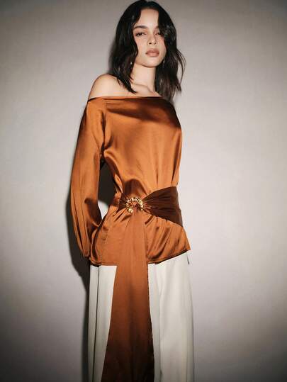 Lumivelle Women Casual Minimalist Metal Buckle Decor Crepe Long Sleeve Top