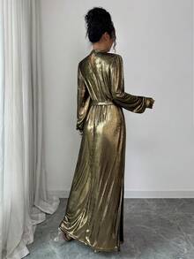 Elenzga 女士长袖褶皱金属印花连衣裙，奢华系带设计，适合秋夏季 - 金色 - 查看 2