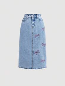SHEIN Girlism Tween Girls Y2K Light Washed High Waist Pink Bowknot Flowers Embroidered Pocketed Cute Long Skirt Casual Baggy Jeans Skirt, Girls Fall Winter Back To School Homecoming Jeans,Girls Pants Streetwear Vintage Outfits,Comfortable And Versatile, For 8-12 Years Old Girls, Suitable For School, Home And Travel