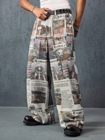 Street Life Jeans droits à jambe ample avec poche en biais imprimé journal, mode homme