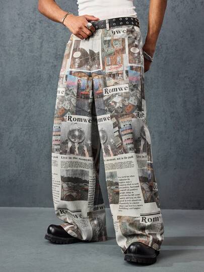 Street Life Jeans droits à jambe ample avec poche en biais imprimé journal, mode homme