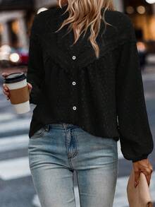 EMERY ROSE 女式前扣长袖拼布衬衫，休闲日常女式衬衫 - 黑色 - 查看 3