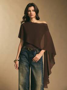Poéselle Women's One-Shoulder Shawl Bodysuit – A Bodysuit With Draped, Asymmetrical Chiffon Sleeves, Creating An Elegant Nightlife Look. One-Shoulder Shawl Sleeve Bodysuit, Draped Bodysuit, Women's Asymmetrical Evening Top, Brown Bodysuit, Fashionable Chiffon Shawl Bodysuit, Autumn/Winter Style. Asymmetrical Top, Poncho Top, Chocolate Brown Top - Burgundy - View 7