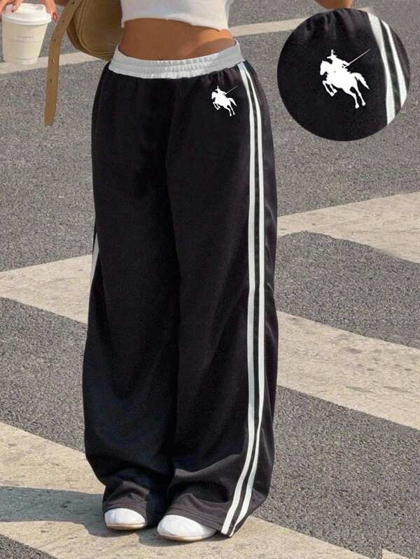 SHEIN Tween Girls' Loose Casual Minimalist Comfortable Mid-Waist Contrast Color Waistband Sweatpants