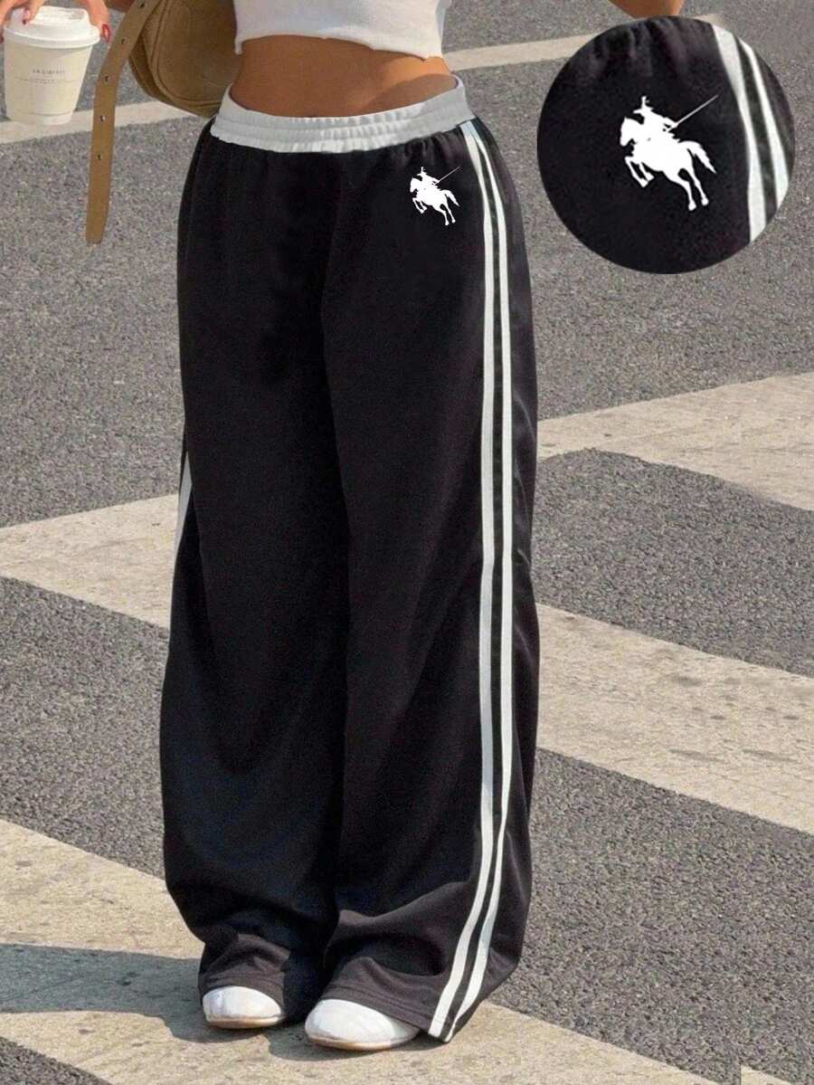 SHEIN 少女宽松休闲简约舒适中腰撞色腰带运动裤 - 黑色 - 查看 1