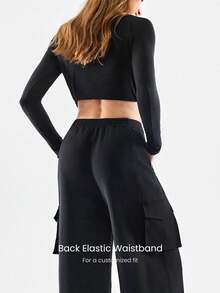 GLOWMODE 26" Cool Cargo Woven Wrinkle-Resistant Side Pockets Elastic Waistband Cargo Wide-Leg Pants  Daily Casual Wear Spring Summer - Black - View 5