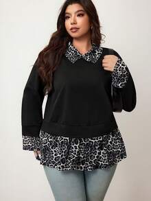 Enliva 大码女式豹纹拼接长袖宽松衬衫，适合初秋、冬季、2026新年，适合苹果型和圆润身材 - 黑色 - 查看 5