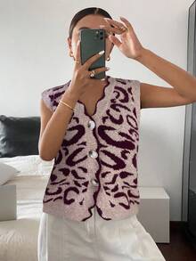 Siren Gaze 秋冬女士休闲豹纹提花针织毛衣背心 - 卡其色 - 查看 7