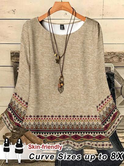 SHEIN CURVE+ Blusa oversize da donna casual con stampa retrò su tutto il capo, vestibilità morbida, collo tondo, maniche a 3/4, adatta per autunno/inverno