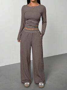 SHEIN PETITE Autumn & Winter Women's Knitted Striped Slim Top + Wide Leg Pants Casual & Comfortable 2-Piece Set, Dark Gray - Multicolor - View 6