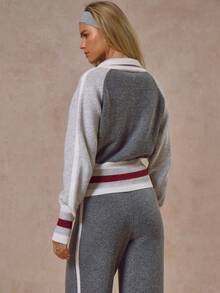 MUSERA Cardigan tricotat cu guler îngust, cu nervuri contrastante, stil streetwear, stil casual, tricotat, de zi cu zi, stil retro - Gri inchis - Vizualizare 4