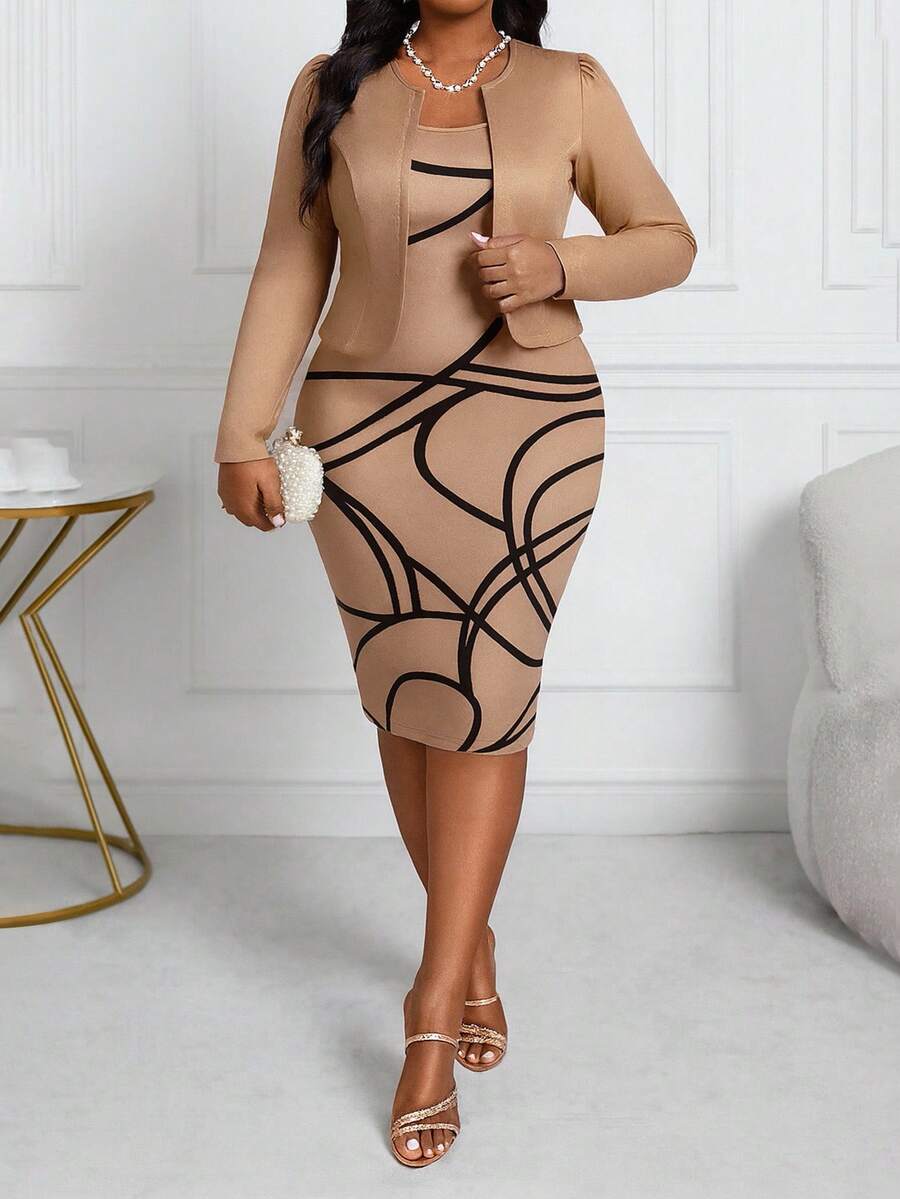 SHEIN Lady Spring, Summer, Autumn And Winter Knitted Brown Puff Sleeve Open Cardigan Short Top With Slim Waist And Geometric Pattern Classic Print Straight Dress Plus Size Two Pieces Set  Dresses For Women Elegant Wedding Guest Dress Women  Fall Clothes For Women Casual Halloween 2 Piece Dress Set Plus Size Dress Bodycon Dress Work Dress Dress With Jacket Autumn Fall Clothes For Women Winter Fall Outfits For Women