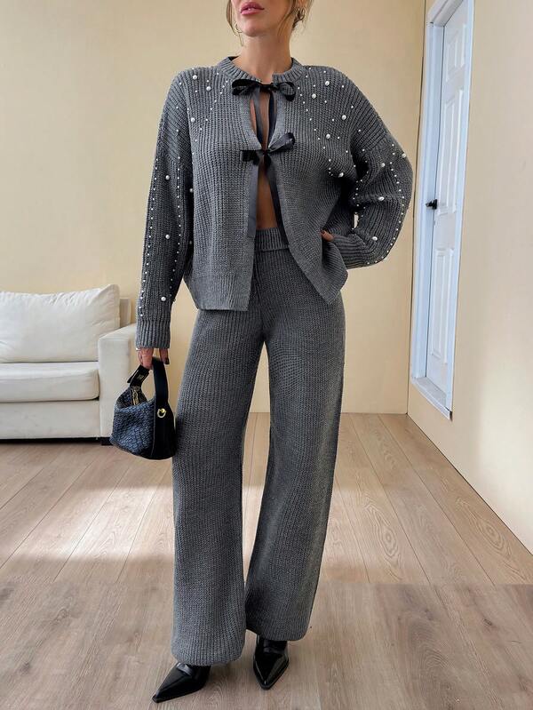 EURMUSE Women Front Tie Pearl Detailed Drop Shoulder Chunky Cardigan & Sweater Pants Set