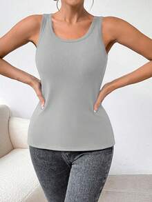 SHEIN LUNE Women's Solid Color Minimalist Sleeveless Top, Thermal Lined, For Daily Wear - Light Grey - View 4