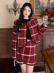 DAZY 女士优雅图案外套和裙子两件套，适合秋季、新年、圣诞节穿着 - 酒紅色 - 查看 3