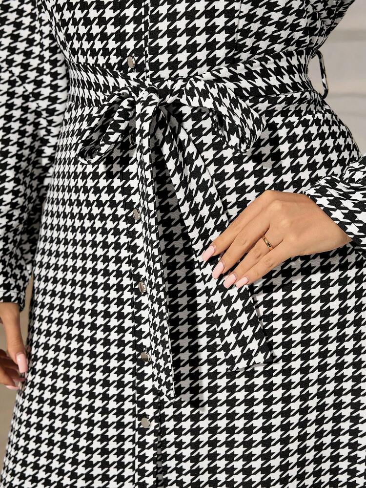 Plus Size Women's Casual Commuter Vintage Black & White Houndstooth Print Belted Shirt Dress, Spring/Autumn New Year Clothes  Clothes For New Year Midi Dress With Sleeve  Party Dress Elegant Dress Women Winter Clothes For Women Cozy Fall And Winter Clothes For Women  Elegant Dresses For Party ,Autumn/Winter,Going Out Outfits,2025 New Clothes,Simple And Fashionable For Everyday Wear, Plus Size Winter Clothes,New Year Dress Houndstooth Dress