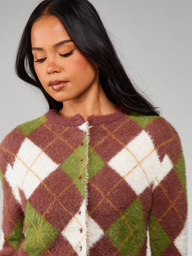 MISSGUIDED Conjunto de falda mini y cárdigan de punto con estampado de diamantes tipo argyle para otoño e invierno - Multicolor - Añade 5