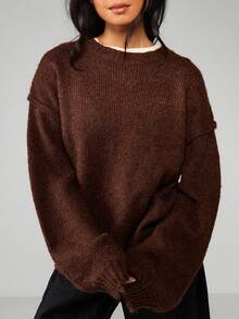 MISSGUIDED Áo len dệt kim dáng rộng có đường may hở, tay dài, có gân, thích hợp mặc nhiều lớp vào mùa thu đông - Cà phê nâu - Xem 5