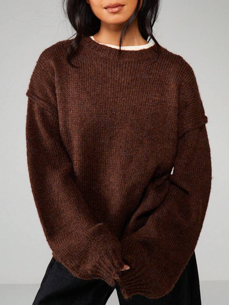 MISSGUIDED Oversized Knit Jumper With Exposed Seams Long Sleeve Ribbed Sweater For Autumn Winter Layering