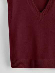 EMERY ROSE Áo len cổ chữ V màu trơn thường ngày dành cho nữ - Màu Đỏ Sâu - Xem 5