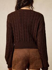 SoleilVie Solid Color Drop Shoulder Long Sleeve Casual Cable Knit Pullover Sweater - Bronze - View 2