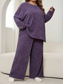 SHEIN CURVE+ 大码纯色简约日常穿搭圆领长袖上衣和裤子两件套 - 淡紫色 - 查看 6