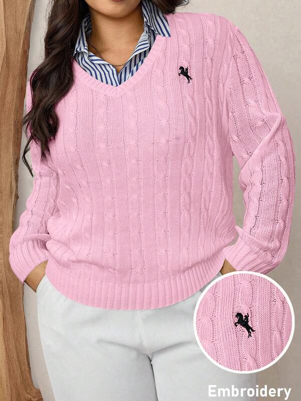 Zelara كنزة صوفية كاجوال طويلة الأكمام بياقة على شكل حرف V مطرزة بالفارس، بلوزة صوفية وردية للخريف/الشتاء للنساء، بلوزة صوفية للنساء، بلوزة صوفية بطراز كلاسيكي للنساء