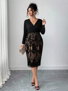 SHEIN PETITE CURVE Váy ren ôm dáng cổ chữ V tay dài thanh lịch cỡ lớn - màu đen - Xem 5