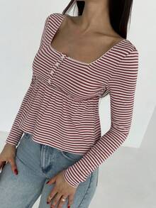 Aloruh Camisa casual de mujer de manga larga con botones frontales y rayas retro - Rojo - Ver 7