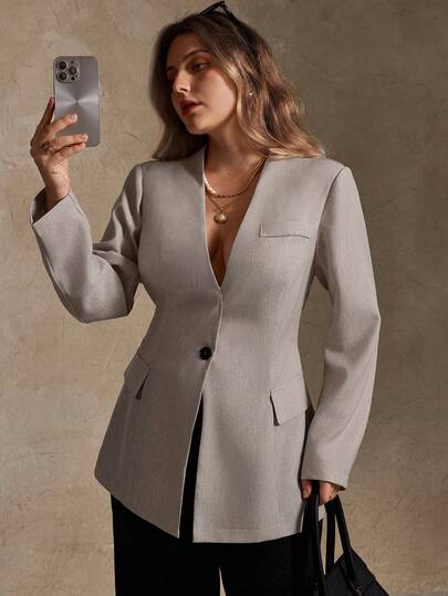 Elegantrix 大码女式垫肩收腰亚麻混纺法式休闲西装外套，秋冬款