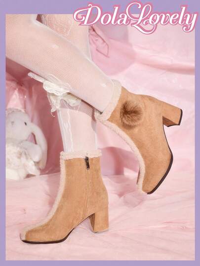 Dola Lovely Sweet Princess Student Fuzzy Lolita Short Boots, Low Chunky Heel, Mori Girl Soft Girl Academy Style Boots For Women, Suitable For Halloween, Christmas, Autumn/Winter