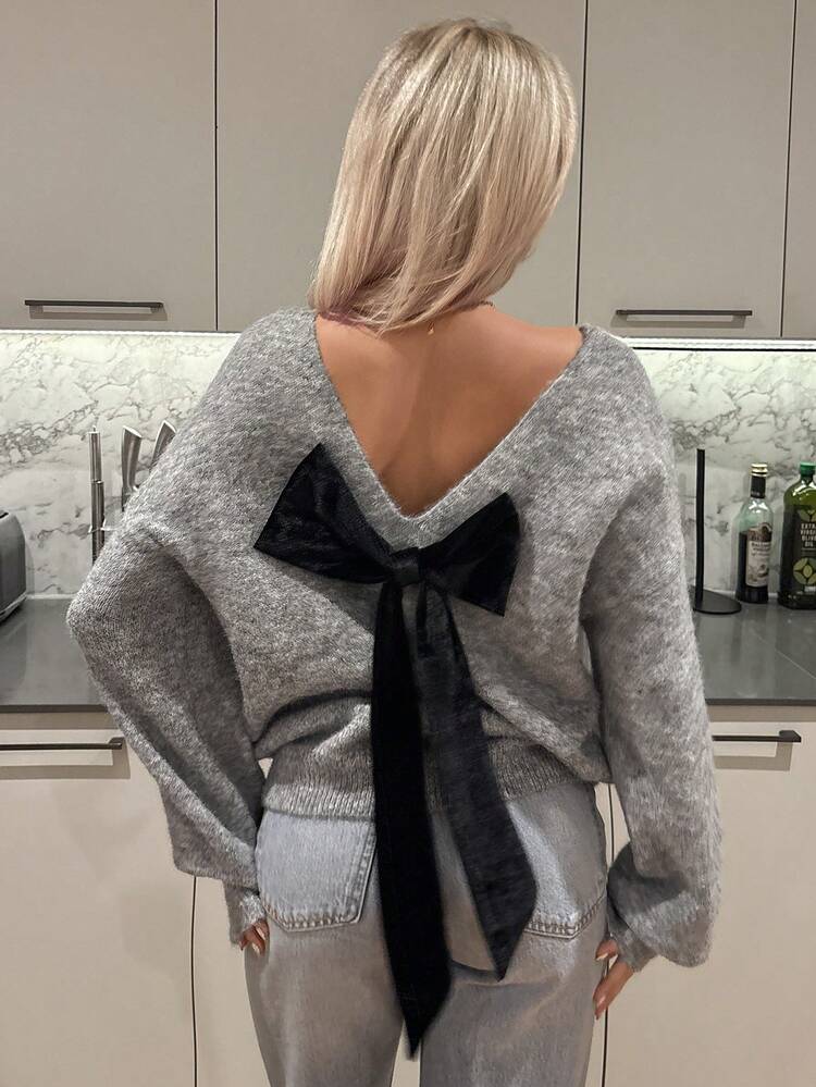 Women's Floral Chiffon Round Neck Backless Bow Loose Long Sleeve Casual Elegant Knit Sweater, Autumn/Winter