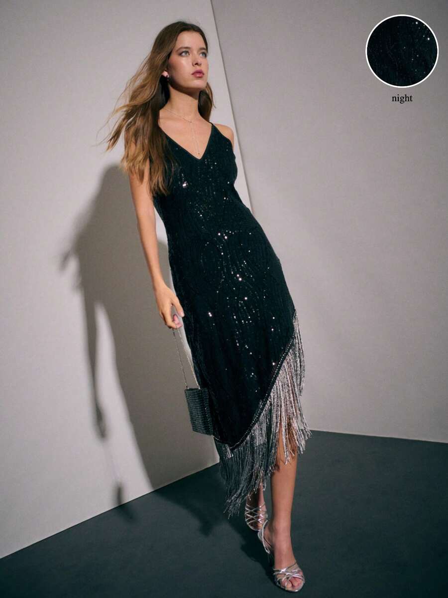 Nöista 别致的亮片晚礼服，细肩带，修身廓形，几何亮片图案，斜裁流苏；引人注目的亮片晚礼服，非常适合正式活动、派对礼服和鸡尾酒会场合；非常适合秋季、冬季、万圣节和新年庆祝活动。 - 黑色 - 查看 1