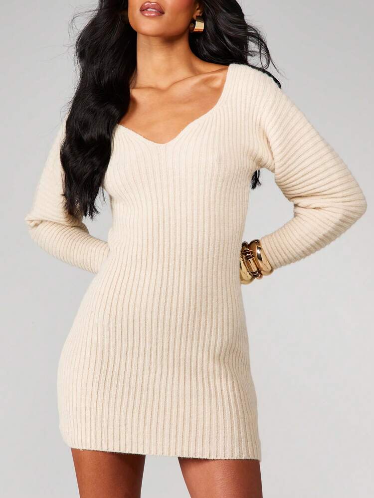 MISSGUIDED Women Ribbed Knit Sweater Dress Long Sleeve Bodycon Mini Dress Fall Winter Sweetheart Neckline
