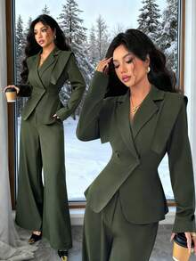 Elenzga 2 件套女士优雅西装套装：缺口领长袖梭织夹克，收腰设计，配阔腿裤，适合秋冬的多功能商务/休闲装 - 綠色 - 查看 1