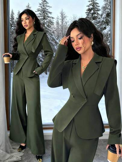 Elenzga 2 件套女士优雅西装套装：缺口领长袖梭织夹克，收腰设计，配阔腿裤，适合秋冬的多功能商务/休闲装