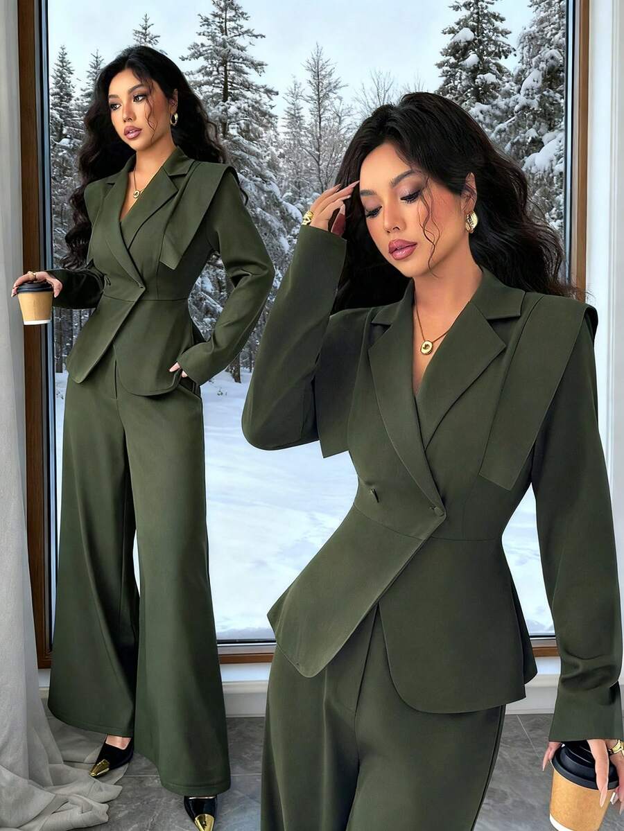 Elenzga 2 件套女士优雅西装套装：缺口领长袖梭织夹克，收腰设计，配阔腿裤，适合秋冬的多功能商务/休闲装 - 綠色 - 查看 1